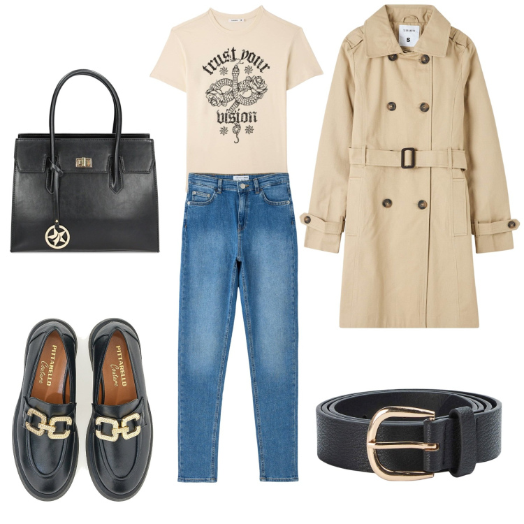 Outfit donna - Passeggiata in centro. Stile Casual chic per Tutti i giorni. Abbinamento con trench, t-shirt, cinture, jeans skinny, borse a mano, mocassini.