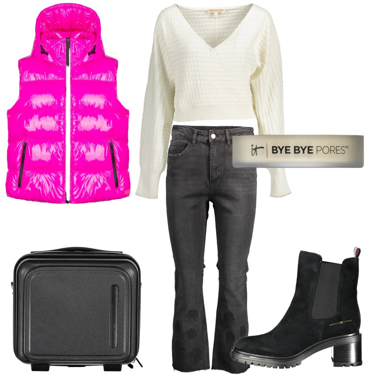 Outfit donna - Bye bye. Stile Casual per Tutti i giorni. Abbinamento con ciprie, piumini, maglieria, jeans, stivaletti, valigie.