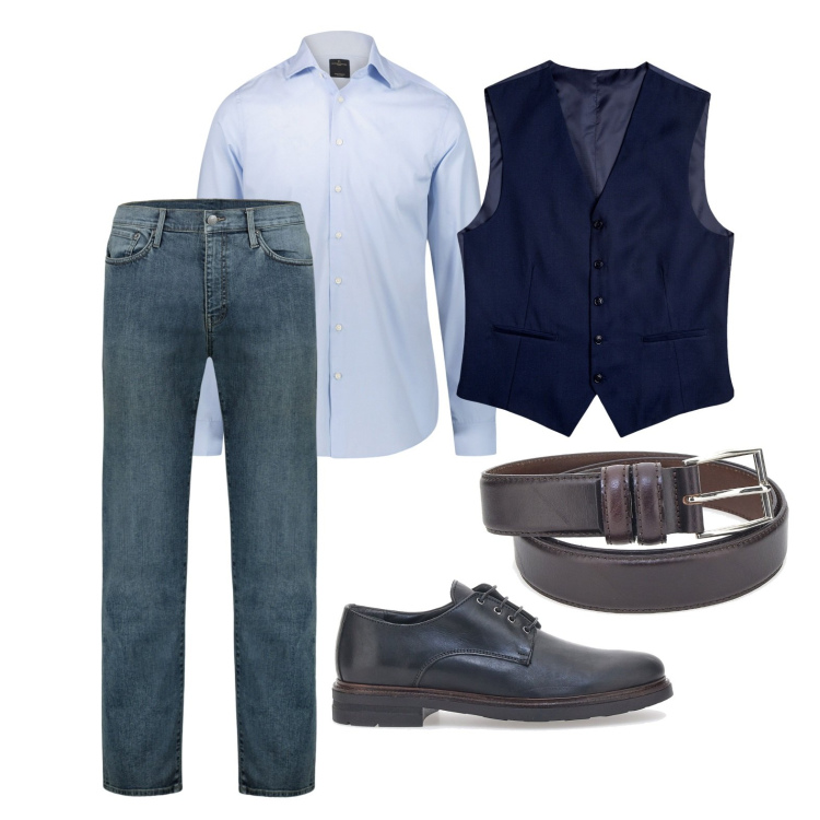 Outfit uomo - Ghost outfitter - aprile. Stile Casual per Ufficio. Abbinamento con camicie, cinture, jeans, gilet, scarpe stringate.