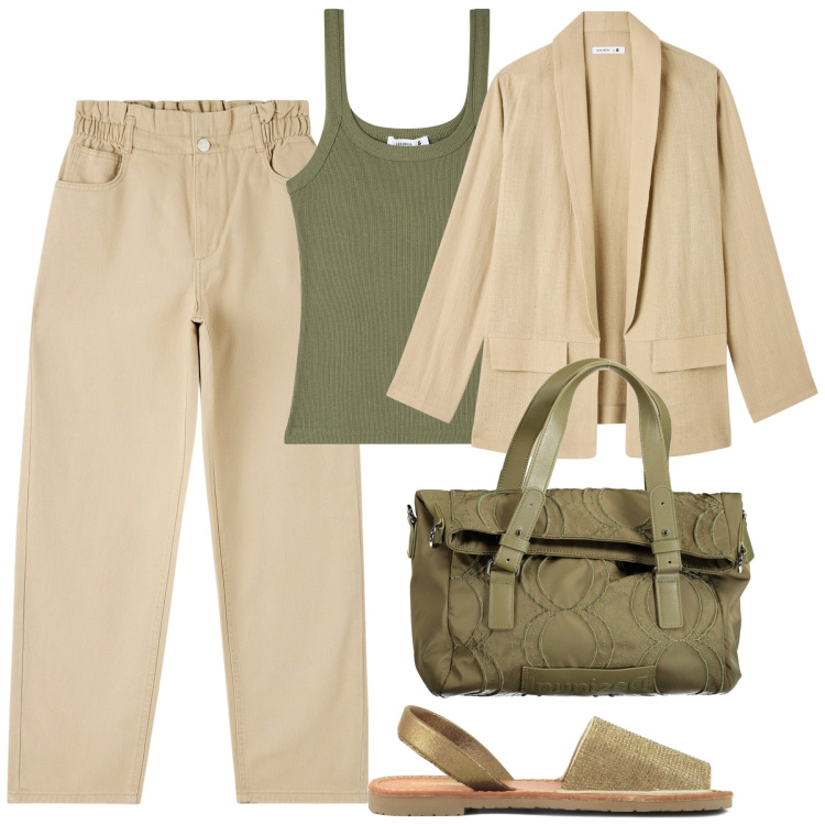 Outfit donna - City. Stile Basic per Tutti i giorni. Abbinamento con pantaloni, blazer, canottiere, sandali in pelle, borse a spalla.