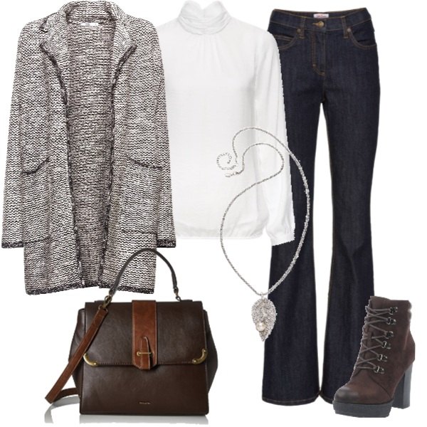 Outfit donna - Casual in ufficio. Stile Basic per Tutti i giorni. Abbinamento con jeans bootcut, bluse, collana lunga, stivaletti effetto scamosciato con tacco squadrato interno foderato con punta tonda in pelle sintetica tinta unita, cardigan nero, borsa a mano nero e marrone.