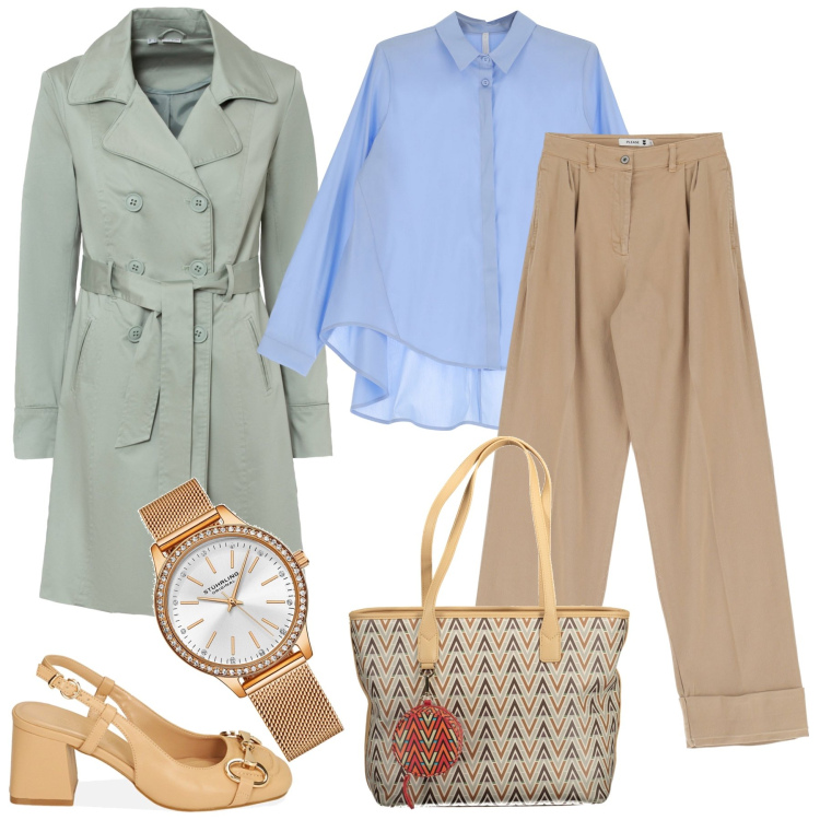 Outfit donna - In ufficio classico rivisitato. Stile Casual chic per Ufficio. Abbinamento con trench, orologi, pantaloni, camicie, décolleté, borse a spalla.