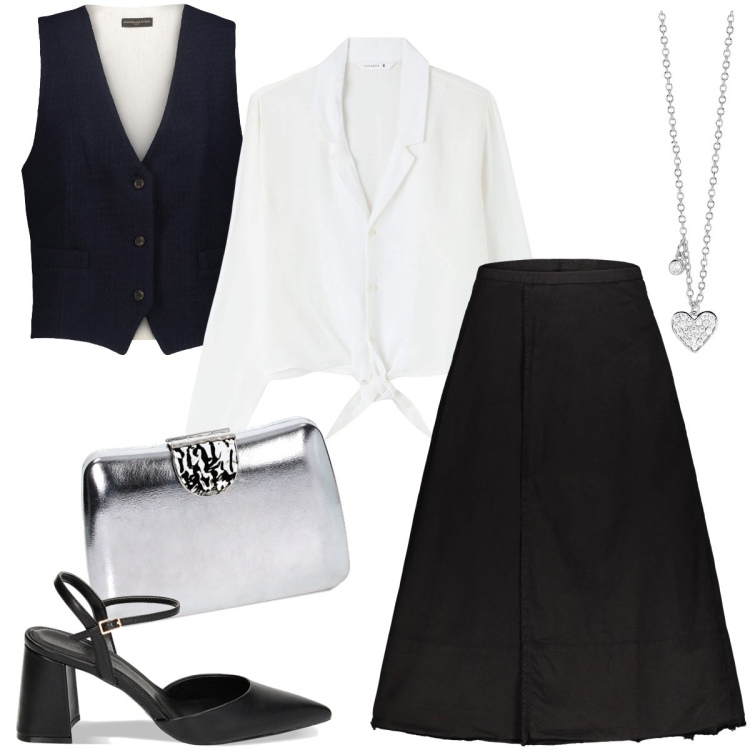 Outfit donna - Il completo con il gilet. Stile Bon Ton per Serata fuori. Abbinamento con camicie, collane, décolleté, clutch, gonne lunghe, gilet.