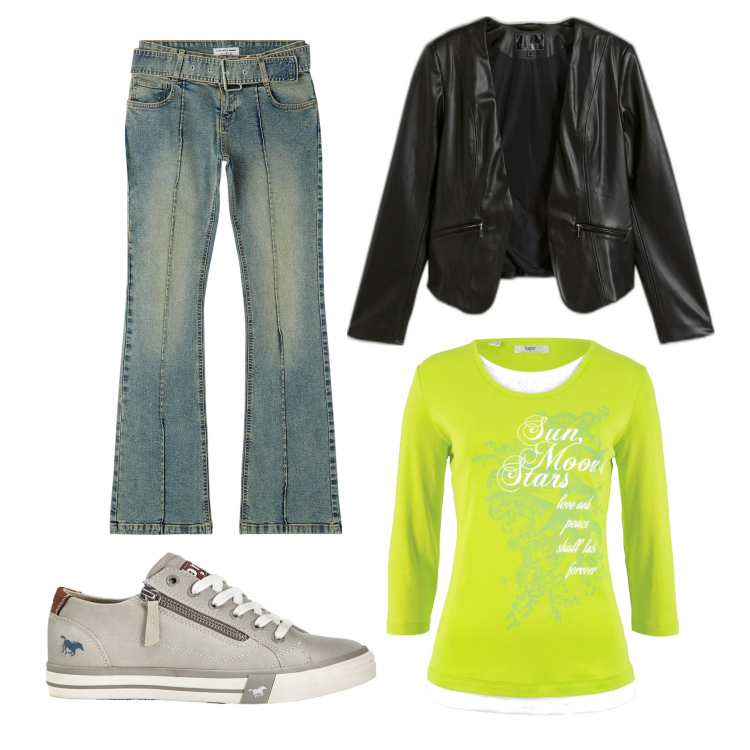 Outfit donna - Total look #1847096. Stile Casual per Tutti i giorni. Abbinamento con maglieria, blazer, sneakers, jeans a zampa.