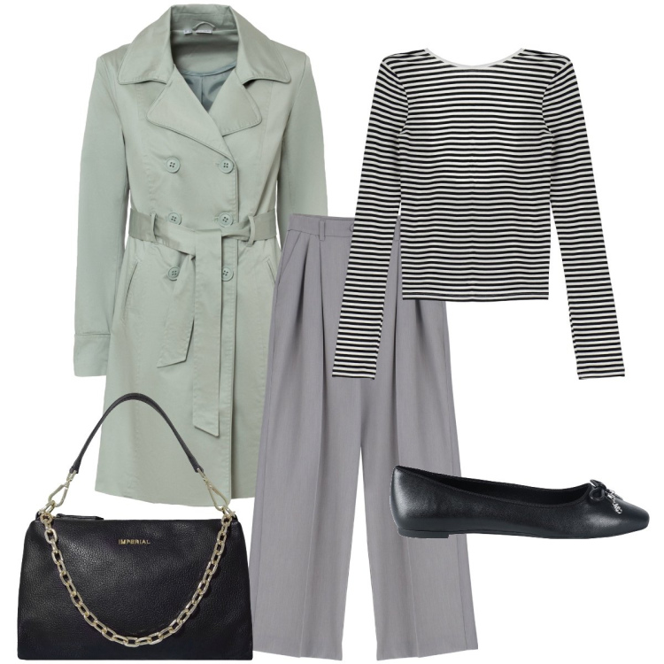 Outfit donna - Il trench per la primavera. Stile Bon Ton per Ufficio. Abbinamento con trench, ballerine, t-shirt, pantaloni, pochette.