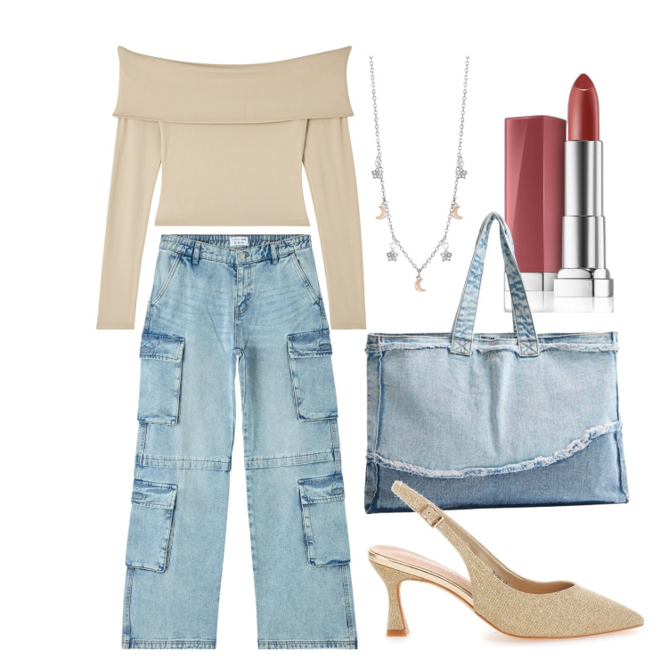 Outfit donna - Ghost outfitter - aprile. Stile Trendy per Tutti i giorni. Abbinamento con rossetti, shopping bag, jeans, t-shirt, collane, décolleté.