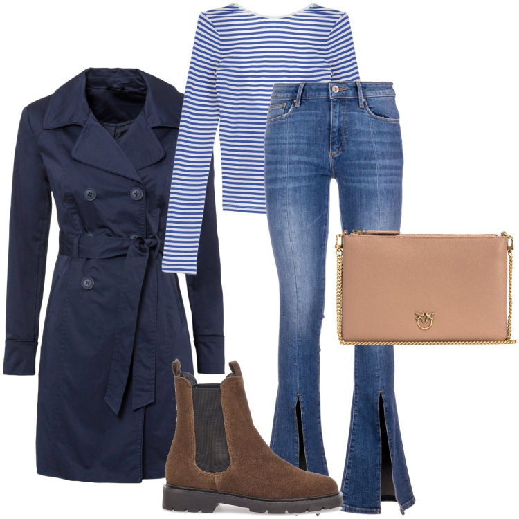 Outfit donna - Il trench blu notte. Stile Casual chic per Tutti i giorni. Abbinamento con trench, borse a tracolla, jeans bootcut, t-shirt, stivaletti chelsea.