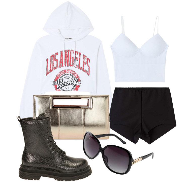 Outfit donna - Ghost outfitter - aprile. Stile Urban per Tutti i giorni. Abbinamento con occhiali da sole, top, felpe sportive, shorts, anfibi, pochette.