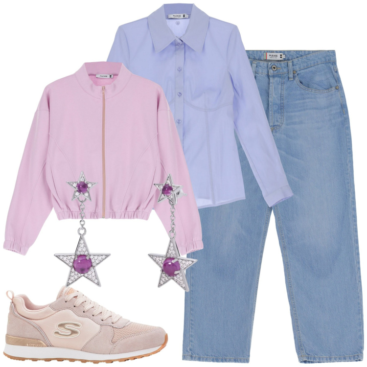 Outfit donna - City. Stile Casual per Tutti i giorni. Abbinamento con sneakers, orecchini, jeans dritti, felpe, camicie.