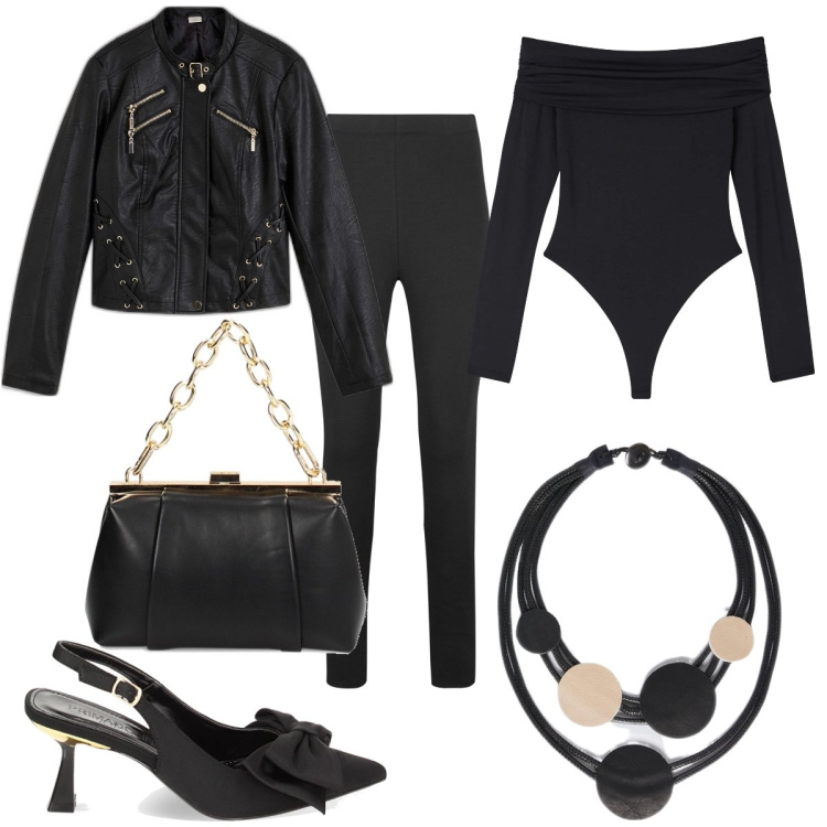 Outfit donna - Total look #1847125. Stile Rock per Serata fuori. Abbinamento con leggings, blazer, body, décolleté, borse a spalla, collane.