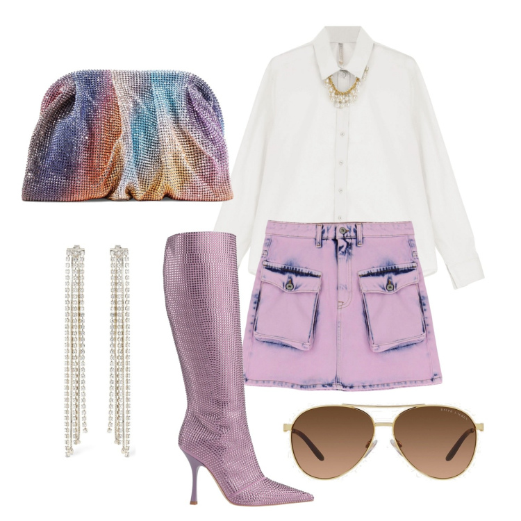 Outfit donna - Ghost outfitter - aprile. Stile Glamour per Tutti i giorni. Abbinamento con stivali, camicie, minigonne, occhiali da sole, pochette, orecchini.