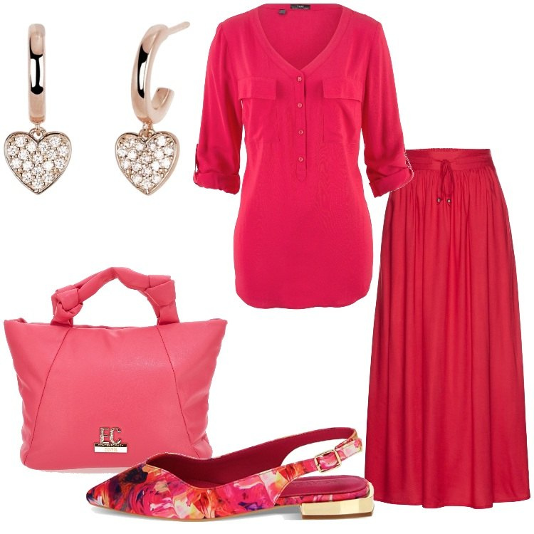 Outfit donna - Rosso romantico. Stile Romantica per Tutti i giorni. Abbinamento con gonne lunghe, bluse, orecchini, ballerine, borse a mano.
