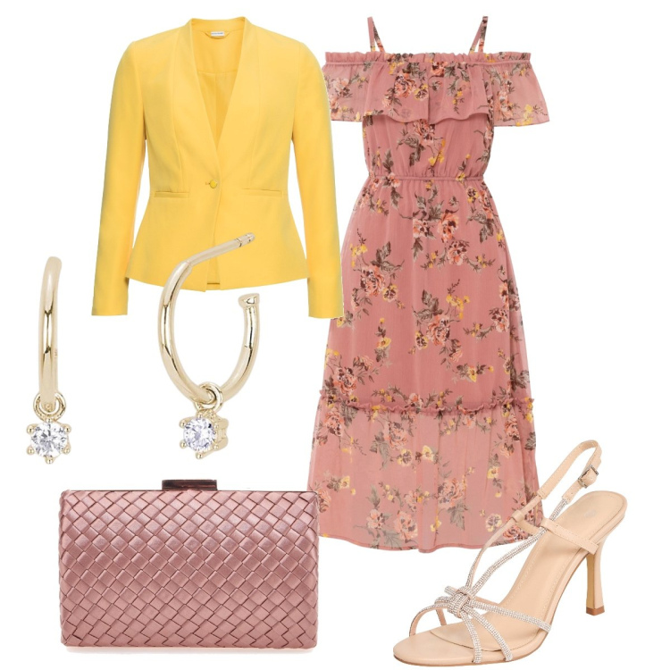 Outfit donna - Total look #1847148. Stile Romantica per Cerimonia. Abbinamento con blazer, vestiti, sandali col tacco, orecchini, pochette.