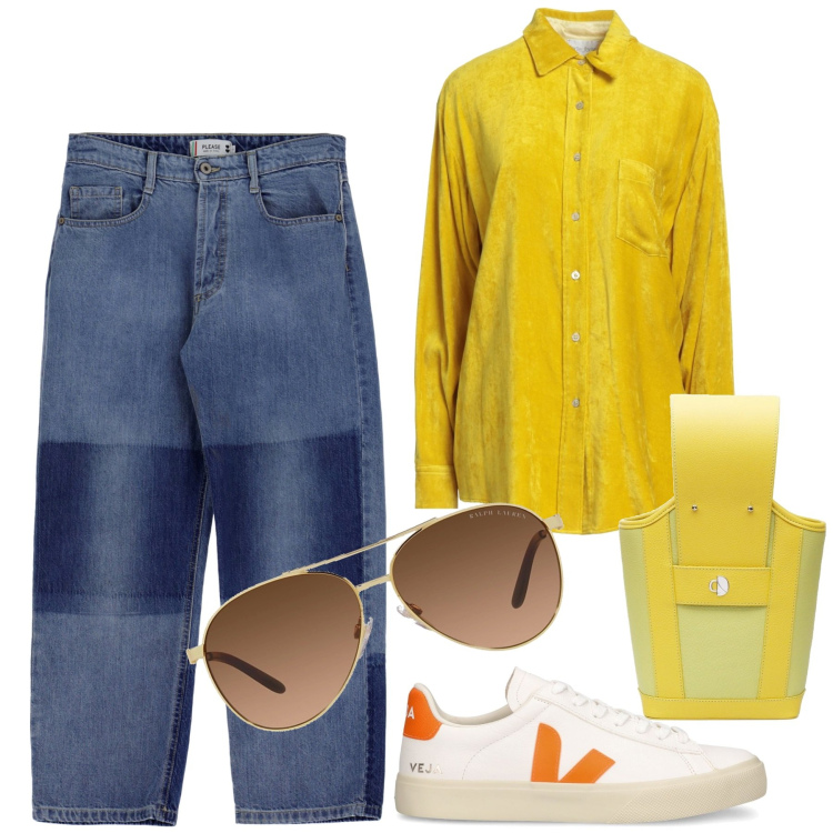 Outfit donna - Total look #1847158. Stile Casual chic per Tutti i giorni. Abbinamento con camicie, jeans dritti, occhiali da sole, sneakers, shopping bag.