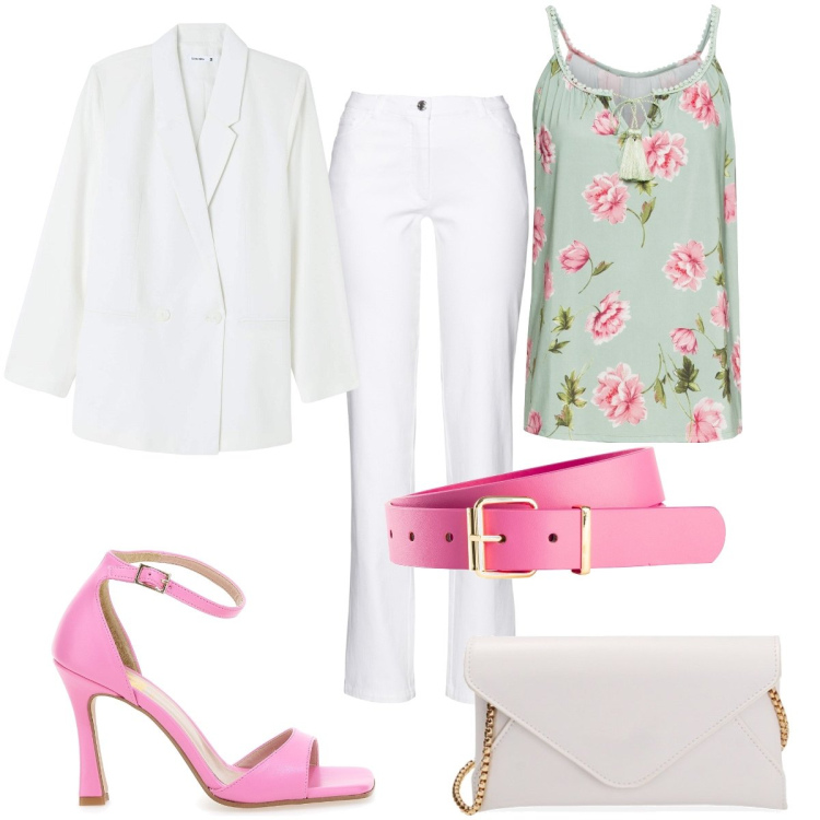Outfit donna - Total look #1847161. Stile Romantica per Cerimonia. Abbinamento con top, cinture, pantaloni, blazer, pochette, sandali col tacco.