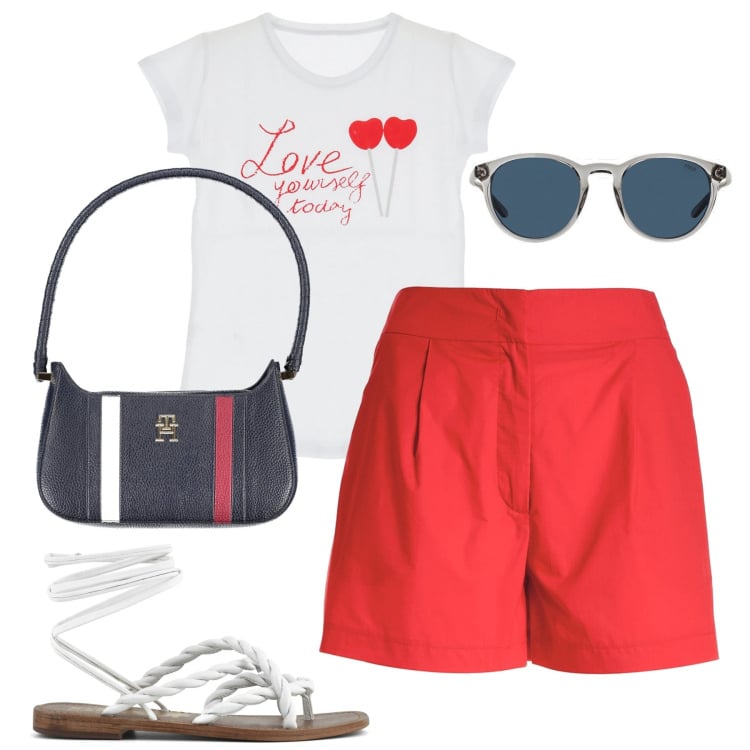 Outfit donna - City. Stile Basic per Tutti i giorni. Abbinamento con t-shirt, pantaloni corti, occhiali da sole, sandali, borse a spalla.