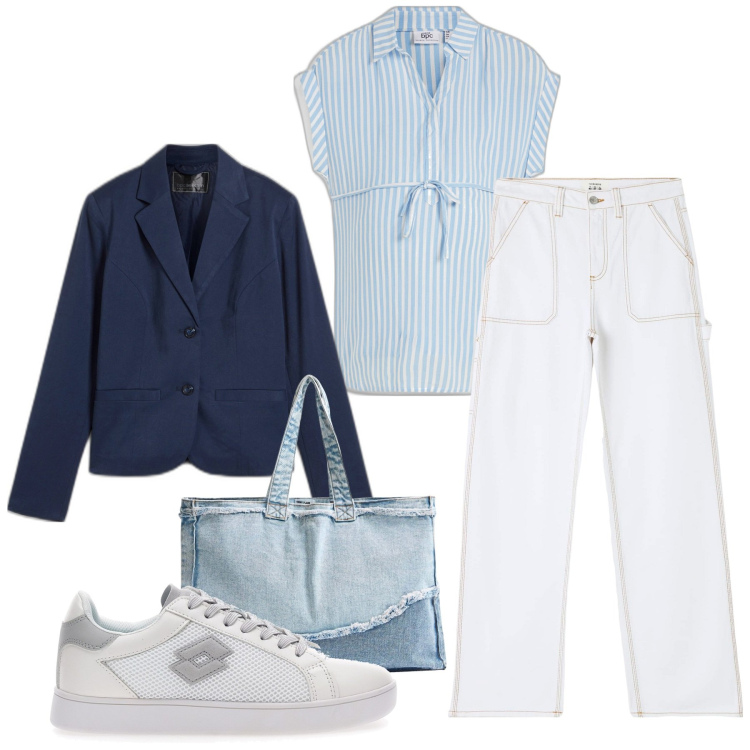 Outfit donna - Azzurro aprile. Stile Basic per Tutti i giorni. Abbinamento con bluse, blazer, pantaloni, shopping bag, sneakers.