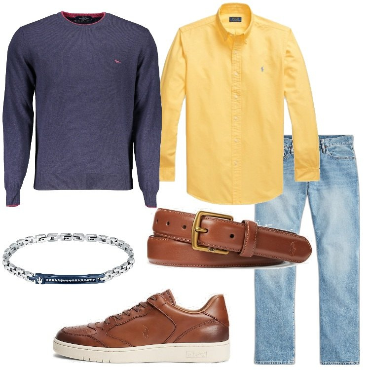 Outfit uomo - Con la camicia gialla. Stile Casual per Tutti i giorni. Abbinamento con braccialetti, cinture, scarpe sportive, jeans, camicie, maglieria.