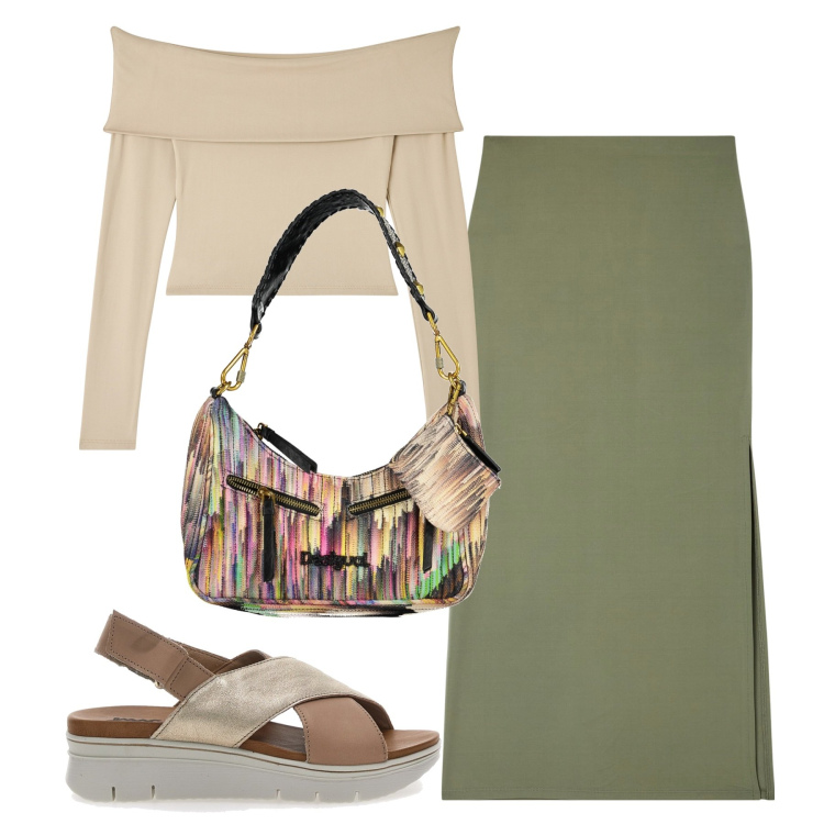 Outfit donna - City. Stile Urban per Tutti i giorni. Abbinamento con gonne lunghe, t-shirt, sandali in pelle, borse a spalla.