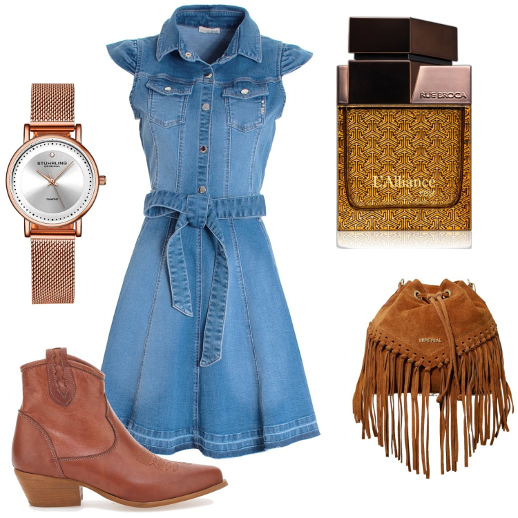 Outfit donna - Cow girl. Stile Boho per Tutti i giorni. Abbinamento con orologi, profumi, vestiti chemisier, borse a secchiello, stivaletti.