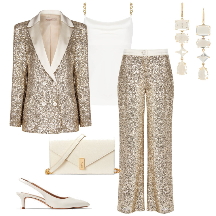 Outfit donna - Serata di gala con Rinascimento. Stile Glamour per Cerimonia. Abbinamento con décolleté, orecchini, clutch, pantaloni a palazzo, blazer, top.