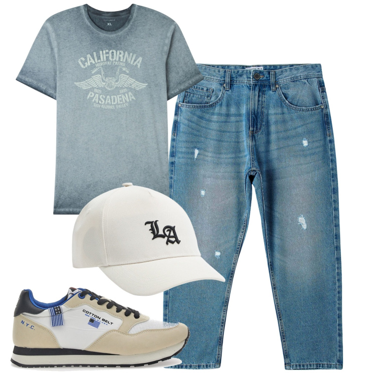Outfit uomo - Total look #1847188. Stile Casual per Tutti i giorni. Abbinamento con t-shirt, jeans strappati, cappelli, sneakers.