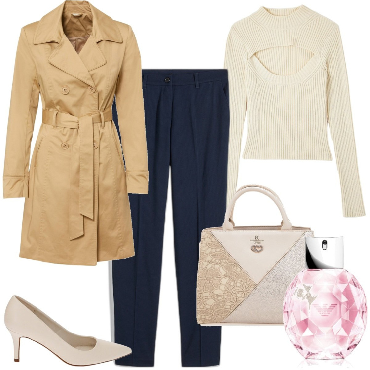 Outfit donna - Il trench per la primavera. Stile Casual chic per Tutti i giorni. Abbinamento con pantaloni, trench, profumi, maglieria, décolleté, borse a mano.