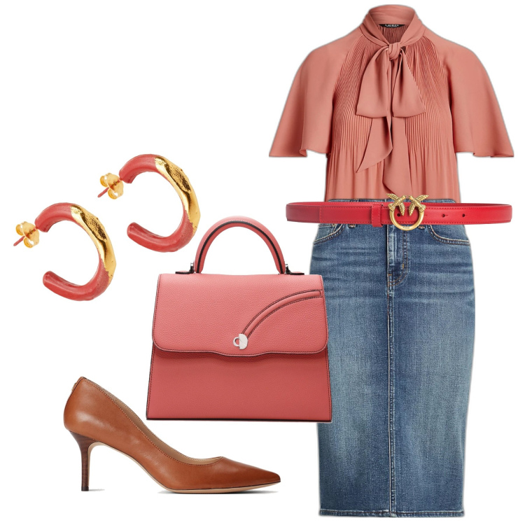 Outfit donna - Bon ton denim. Stile Bon Ton per Ufficio. Abbinamento con orecchini, cinture, gonne, camicie, décolleté, borse a mano.