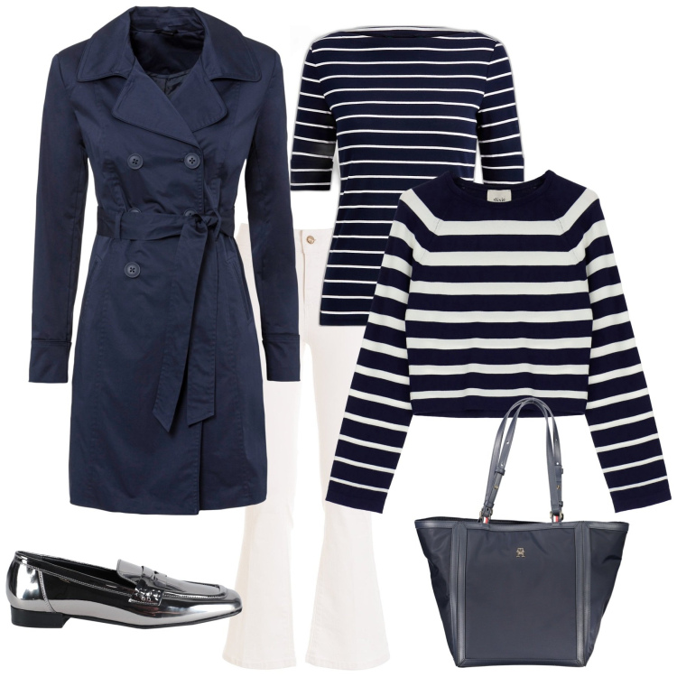 Outfit donna - Bianco e blu un classico forever. Stile Trendy per Tutti i giorni. Abbinamento con trench, mocassini, jeans, pullovers, maglieria, borse a spalla.