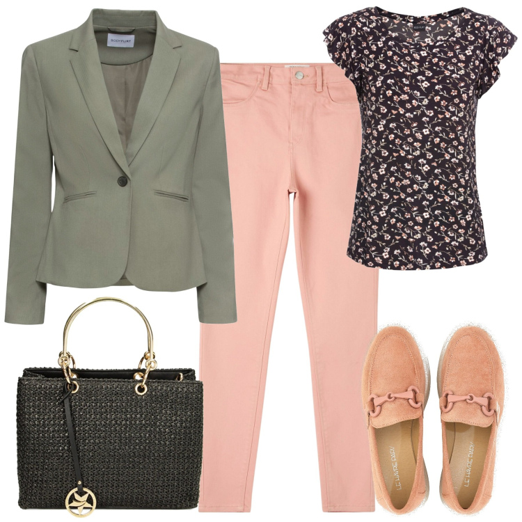Outfit donna - City. Stile Basic per Tutti i giorni. Abbinamento con maglieria, blazer, pantaloni skinny, borse a mano, mocassini.
