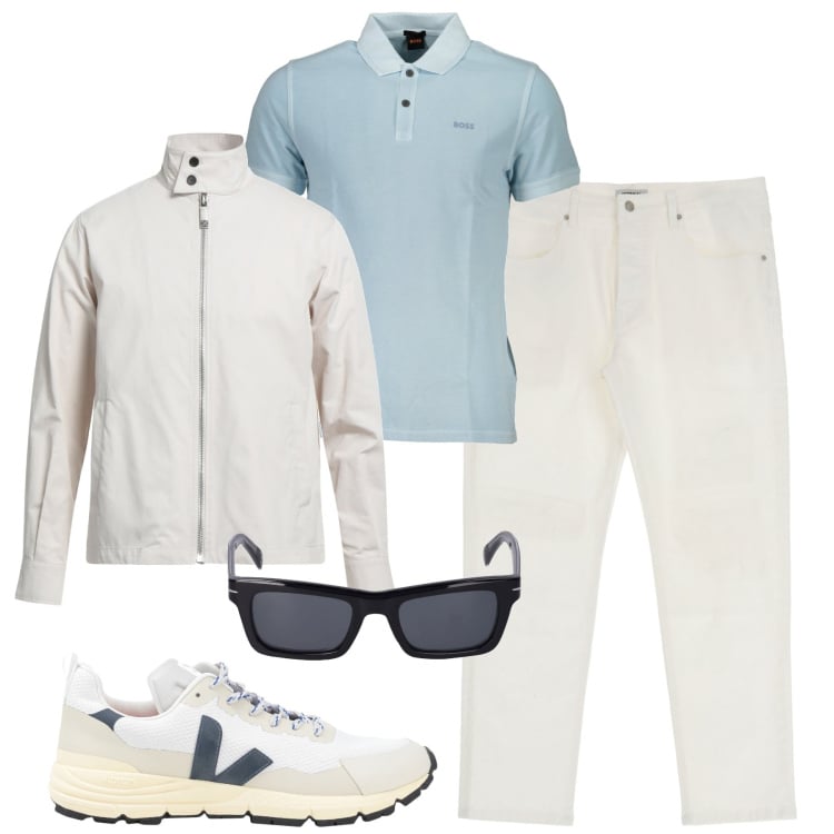 Outfit uomo - Brunch. Stile Casual per Tutti i giorni. Abbinamento con giacche, sneakers, pantaloni, occhiali da sole, polo.