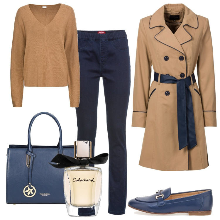Outfit donna - Giornate piovose. Stile Casual per Tutti i giorni. Abbinamento con trench, jeggings, maglieria, profumi, borse a mano, mocassini.
