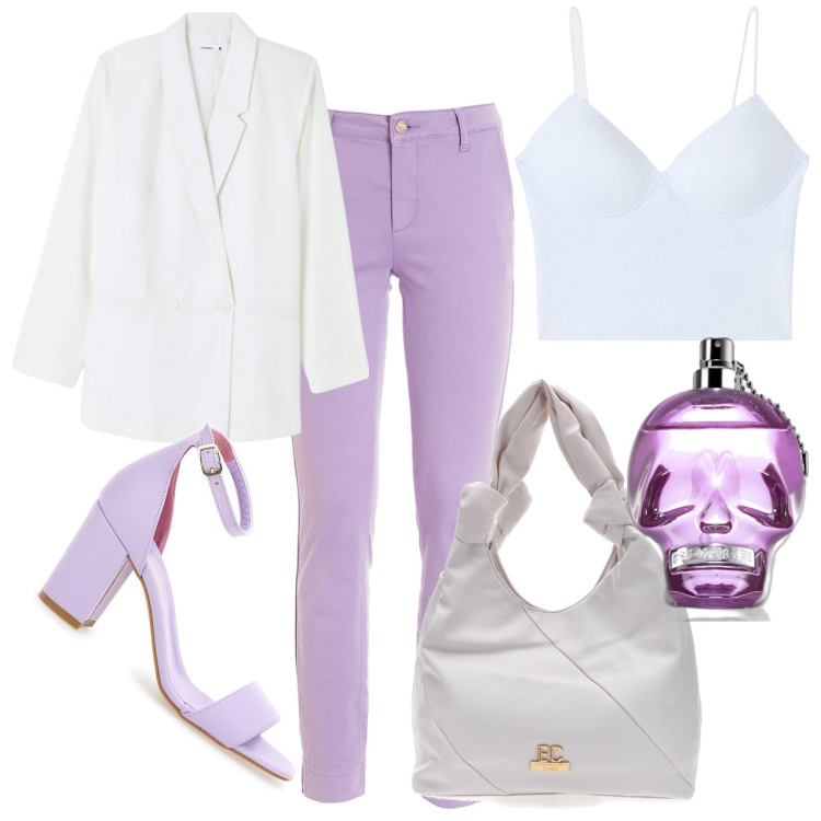 Outfit donna - Pantaloni chino lavanda. Stile Casual per Tutti i giorni. Abbinamento con profumi, top, blazer, pantaloni, borse a spalla, sandali col tacco.