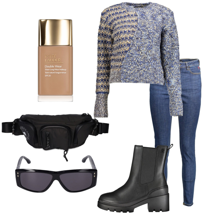 Outfit donna - Con il marsupio. Stile Casual per Tutti i giorni. Abbinamento con fondotinta, maglieria, occhiali da sole, marsupi, jeans, stivali.