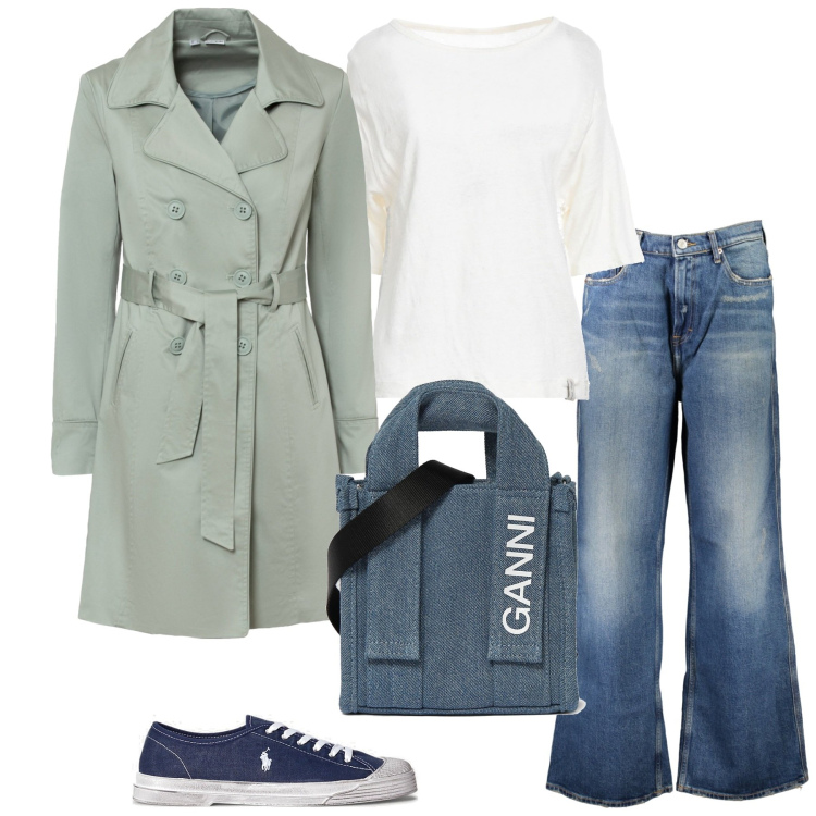Outfit donna - Il trench per la primavera. Stile Casual chic per Ufficio. Abbinamento con trench, pullovers, sneakers, jeans, shopping bag.