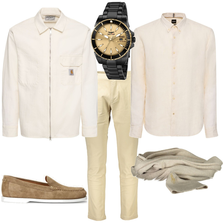 Outfit uomo - Trendy per la domenica. Stile Trendy per Tutti i giorni. Abbinamento con orologi, scarpe stringate, pantaloni, sciarpe, giacche, camicie.