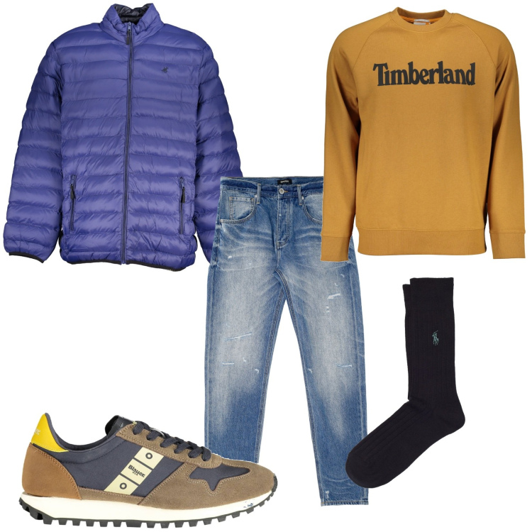 Outfit uomo - Passeggiando al fresco. Stile Casual per Tutti i giorni. Abbinamento con jeans dritti, calzini, felpe, giacche, scarpe sportive.