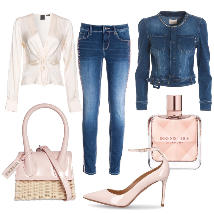 Outfit donna - Denim per la sera. Stile Casual chic per Serata fuori. Abbinamento con profumi, bluse, blazer, jeans skinny, borse a mano, décolleté.