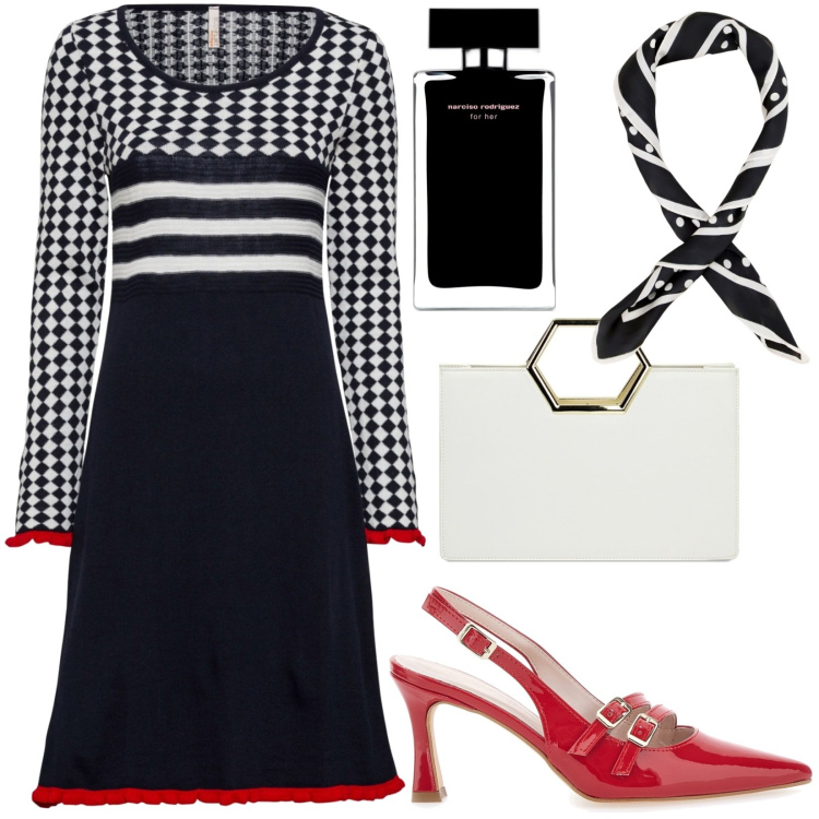 Outfit donna - Narciso Rodriguez sulle note muschiate. Stile Casual per Ufficio. Abbinamento con vestiti, profumi, foulard, borse a mano, décolleté.