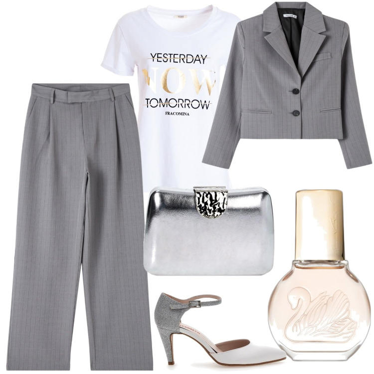 Outfit donna - Essere trendy. Stile Casual chic per Cerimonia. Abbinamento con profumi, pantaloni, blazer, t-shirt, clutch, décolleté.