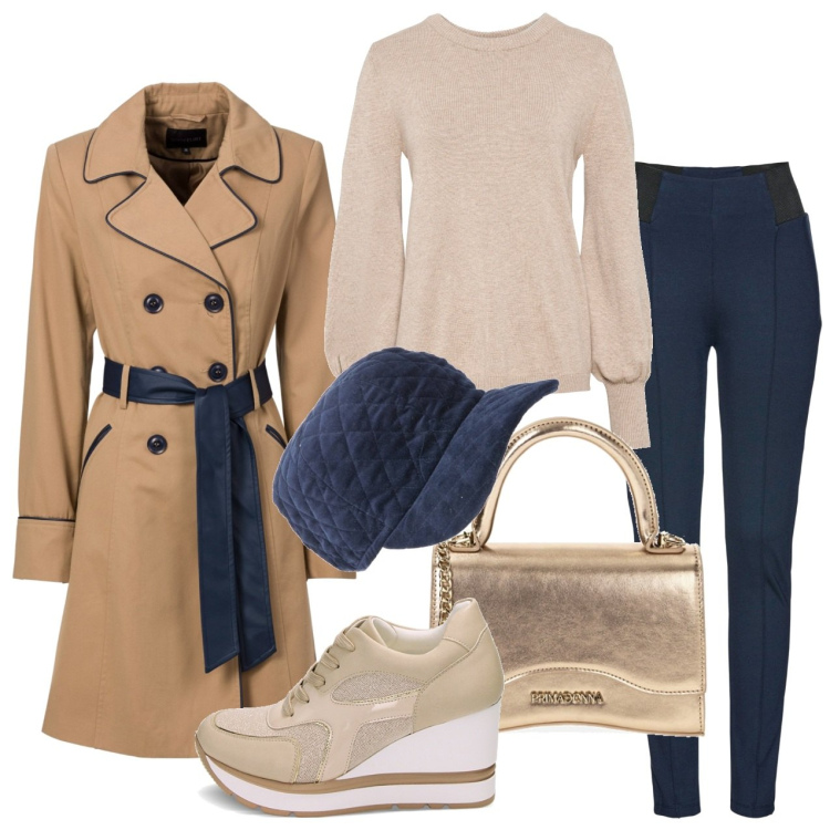 Outfit donna - Sotto la pioggia ad aprile. Stile Casual per Tutti i giorni. Abbinamento con maglieria, trench, leggings, sneakers, borse a mano, cappelli con visiera.