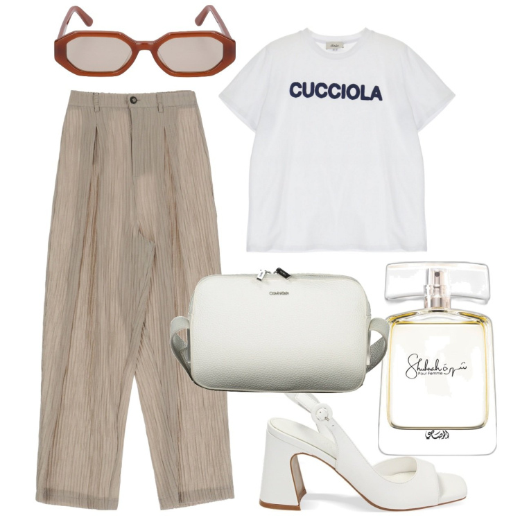 Outfit donna - Semplice semplice. Stile Casual chic per Tutti i giorni. Abbinamento con profumi, sandali col tacco, t-shirt, pantaloni, occhiali da sole, borse a tracolla.