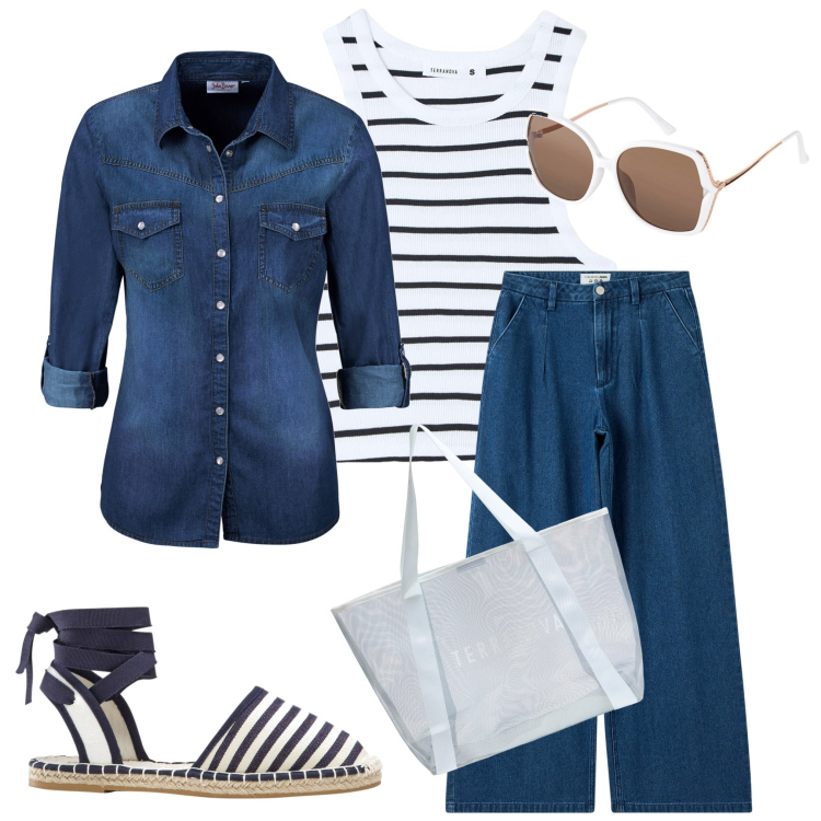 Outfit donna - Un po\' di riga. Stile Casual per Tutti i giorni. Abbinamento con camicie, espadrillas, occhiali da sole, jeans, canottiere, shopping bag.