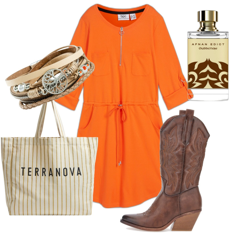 Outfit donna - Giusto due passi. Stile Urban per Tutti i giorni. look ideale per Petite. Abbinamento con braccialetti, vestiti midi/longuette, borse tote, profumi, stivaletti.