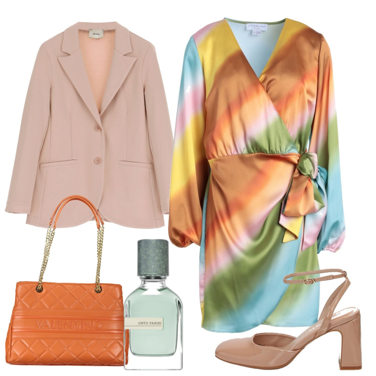 Outfit donna - Arc-en-ciel. Stile Chic per Tutti i giorni. Abbinamento con vestiti corti, profumi, décolleté, blazer, borse a spalla.