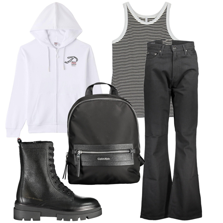 Outfit donna - Per un picnic in collina. Stile Basic per Tutti i giorni. Abbinamento con felpe con cappuccio, top, jeans, zaini, stivali.