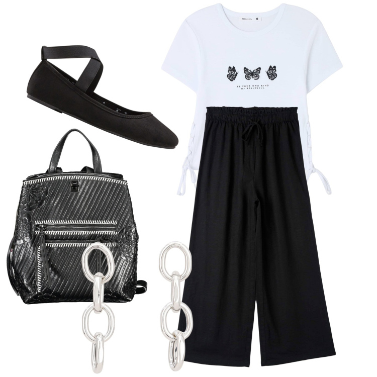 Outfit donna - Black & white. Stile Casual chic per Scuola/Università. Abbinamento con ballerine, t-shirt, pantaloni, orecchini, zaini.