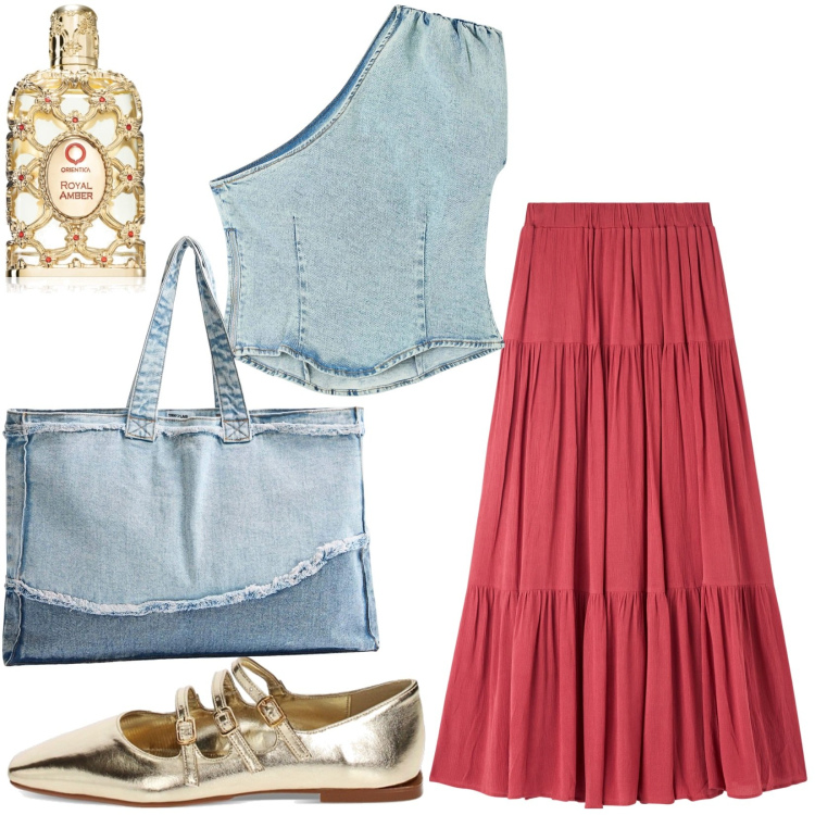Outfit donna - Top monospalla in denim. Stile Boho per Tutti i giorni. Abbinamento con profumi, gonne lunghe, top, shopping bag, ballerine.