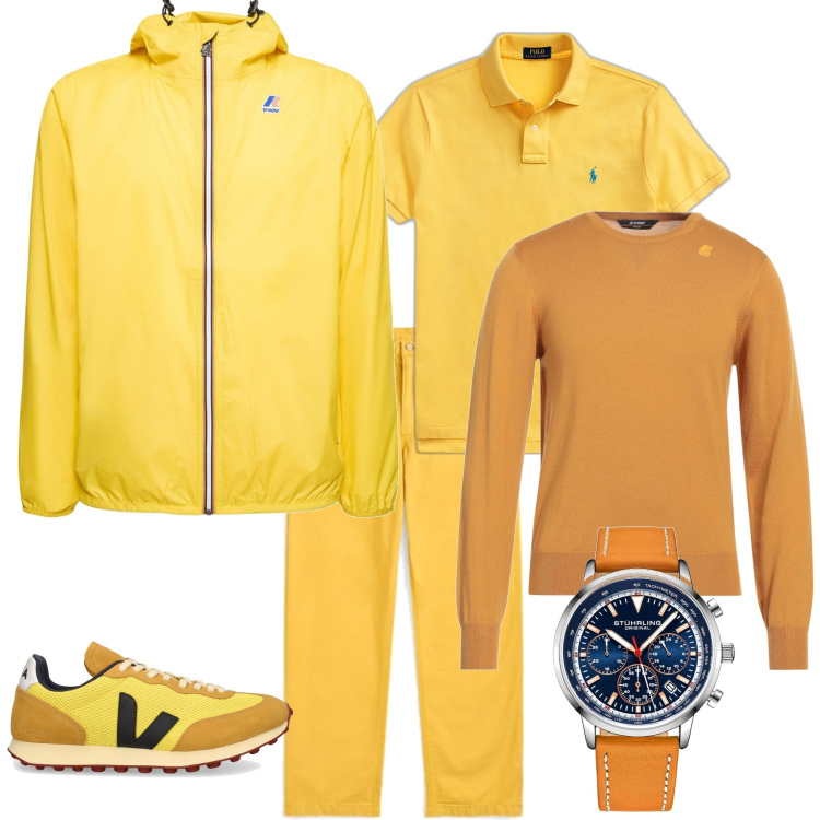 Outfit uomo - Casual chic giallo. Stile Casual per Mare. Abbinamento con orologi, pullovers, polo, pantaloni, sneakers, giacche.