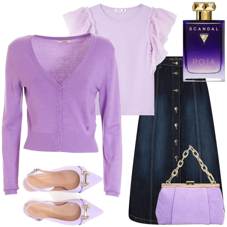 Outfit donna - Lilla. Stile Casual chic per Tutti i giorni. Abbinamento con gonne longuette, profumi, t-shirt, cardigans, borse a spalla, ballerine.